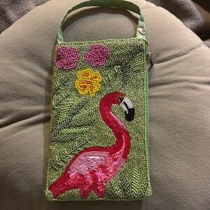 Floral and Flamingo Sequined  /Beaded Mini /Club Bag - Pink and Green